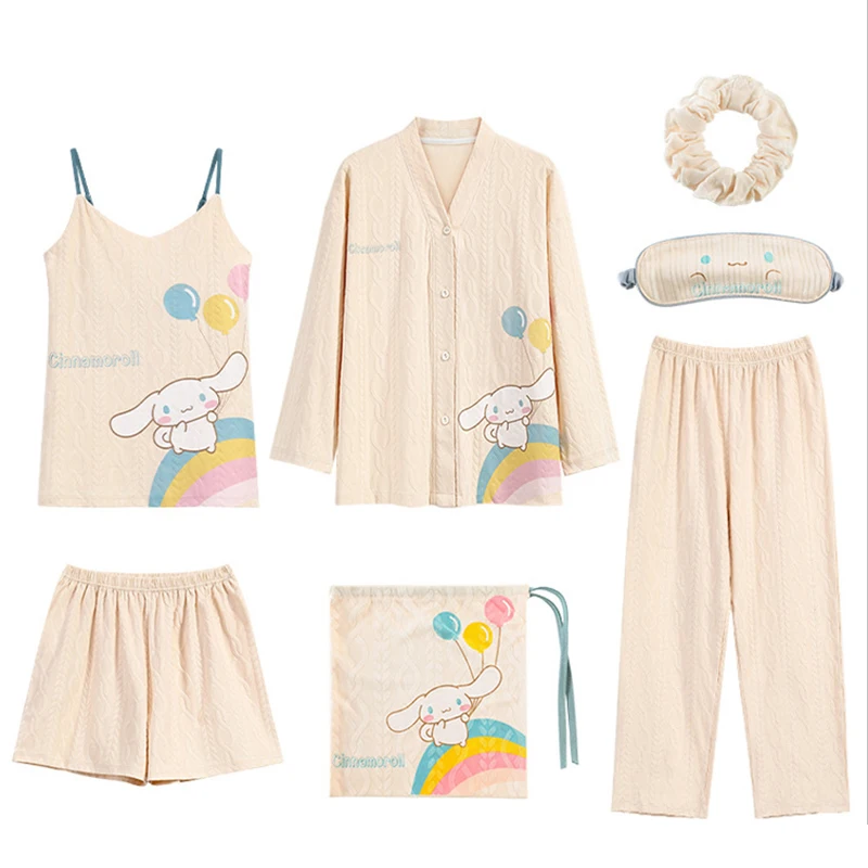 

Kawaii Sanrio Cinnamoroll Pajamas Cute Sling Women's Spring and Autumn Pure Cotton Long-Sleeved Seven-Piece Summer Home Clothes