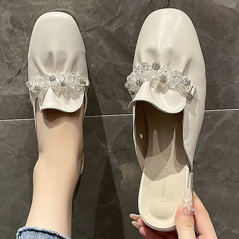 

2023 Autumn New Mules Crystal Bead Women Slippers Pumps Low Heel PU Leather Luxury Casual Walking Dress Trend Femme Shoes