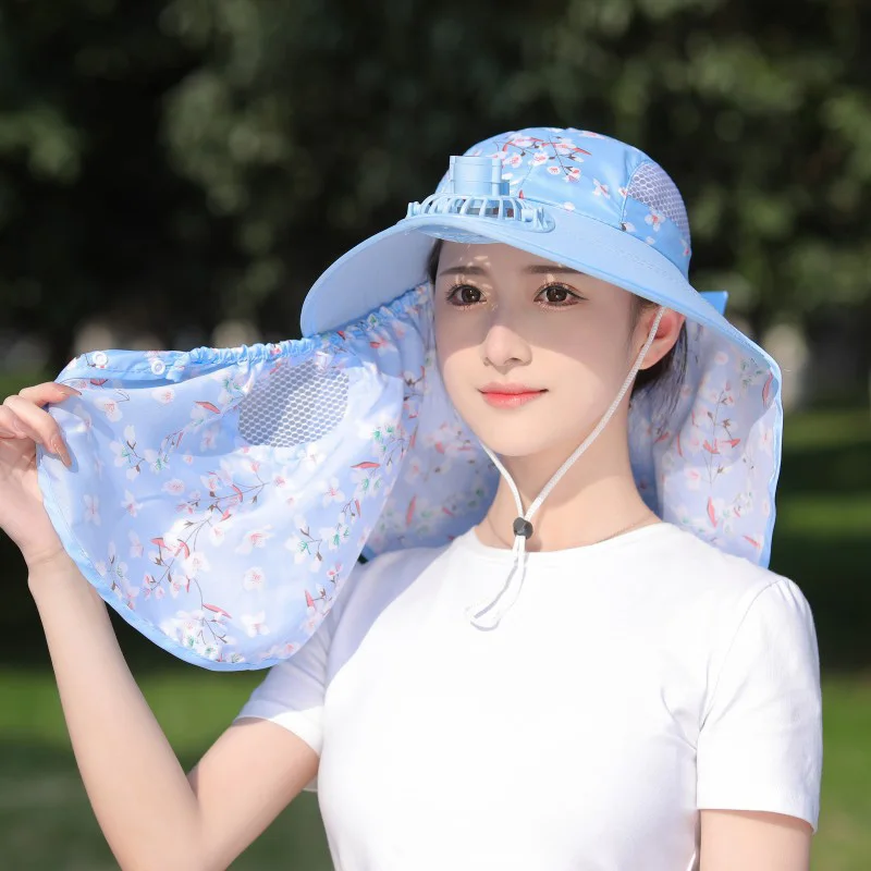 

Women Sun Hat with Fan Summer Sunscreen Cap Outdoor UV Protection Caps Windproof Travel Cycling Hat Face Mask Shawl Hats