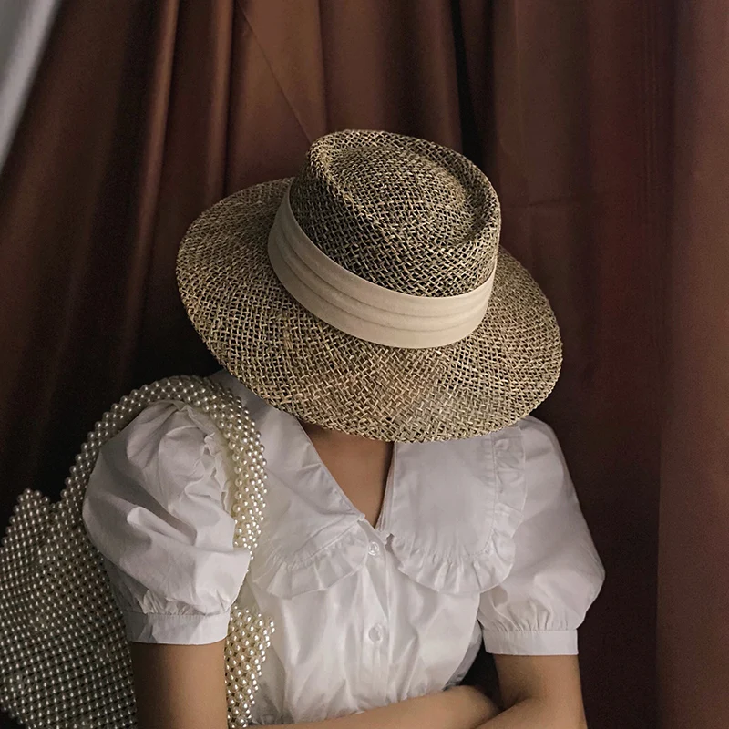 

Шляпа женская Соломенная, Пляжная Панама ручной работы, модная, вогнутая, плоская, с козырьком от солнца, лето 2021