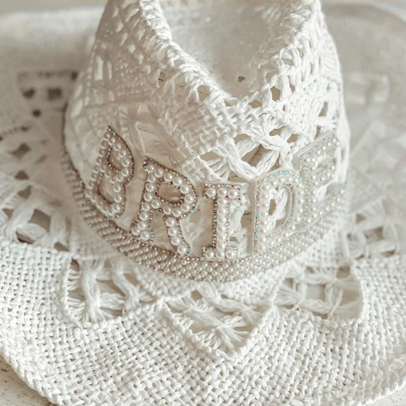 Женская полый ковбойская шляпа белая соломенная ручной работы весна-лето