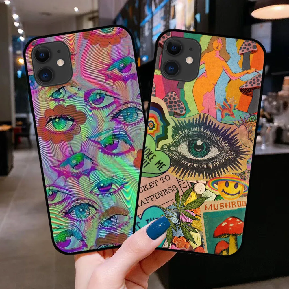 Чехол для телефона FLYRUI SE 2020 для iPhone 6, 6S, 7, 8 Plus, X, Xs, XR, 11, 12, 13, MINI Pro Max, Триппи, психоделический коллаж глаз грибов