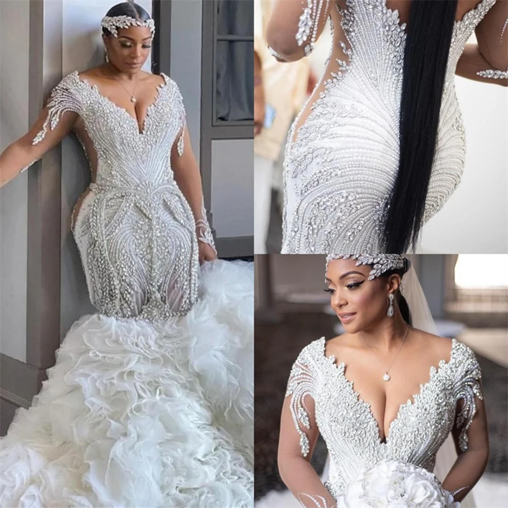 

2022 Mermaid Wedding Dresses Bridal Gowns Lace Appliqued Beaded V Neck Long Sleeve Tiered Ruffles Vestido De Noiva