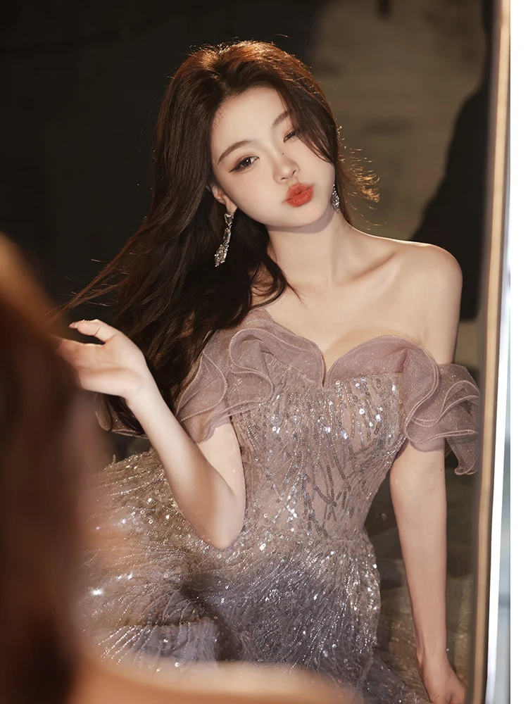 

Off The Shoulder Light Purple Sparkly Evening Dress Sleeveless Floor-Length Sequins Woman A-Line Lace Embroidery Party Prom Gown