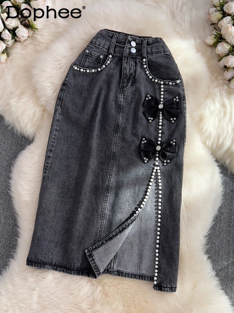 

Women Solid Color High Waist Nail Bead Split A-shaped Hip Wrap Denim Skirt Fashion Temperament Summer 2022