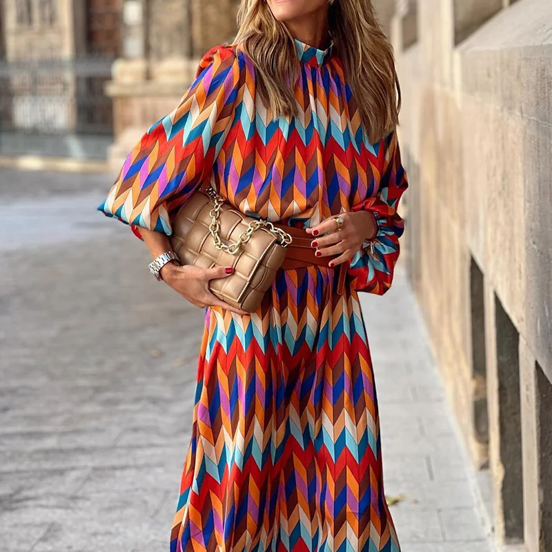 

2022 High Quality Long Dress For Women Bohemian Vestidos Spring High Neck 3/4 Sleeves Vintage Print Women Dresses Pattern Robe