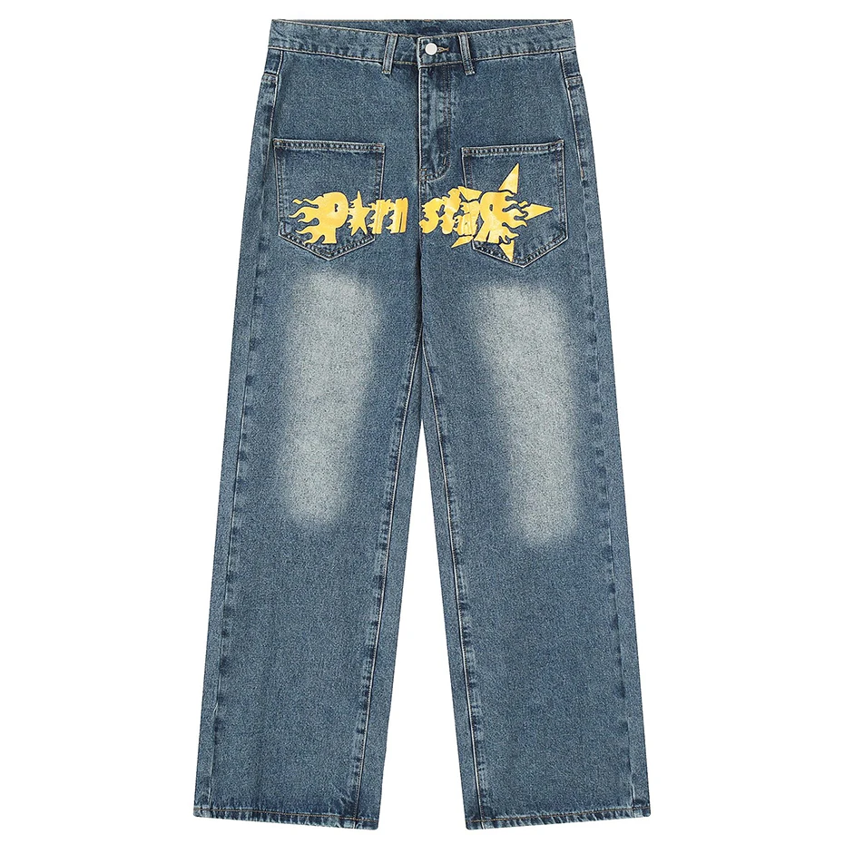 Streetwear Hip Hop Baggy Jeans Fire Letter Star Loose Straight Denim Pants Men Black Blue Harajuku Loose Jeans Trousers