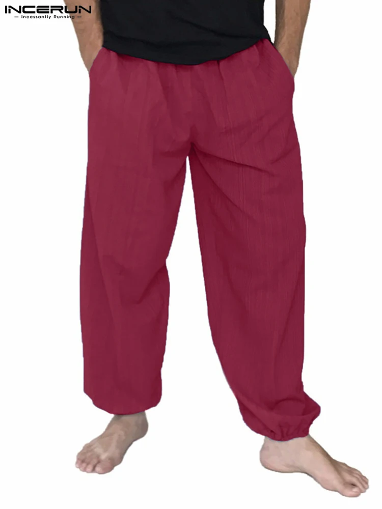 

INCERUN Men Harem Pants Solid Color Joggers Drawstring Cotton Baggy Casual Trousers Men 2022 Vinage Loose Leisure Pantalon S-5XL