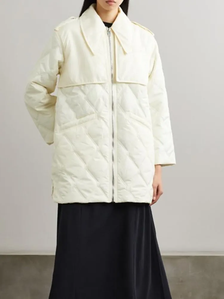 

2023 Winter New Women's 100% Cotton Parkas Coat Loose Zipper Turn-Down Collar Outerwea Casual Diamonds Plaid Jacket
