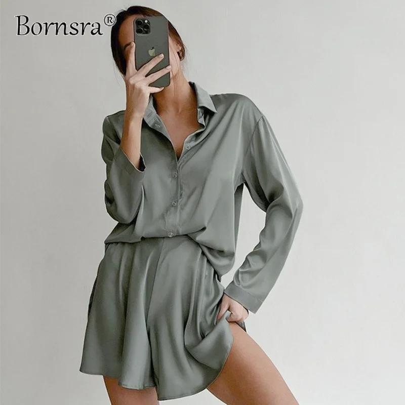 

Bornsra 2022 French Women 2-piece Set Long Turndown Collar Long Sleeve Fashion Casual Shirt & Loose Solid Shorts Spring Summer