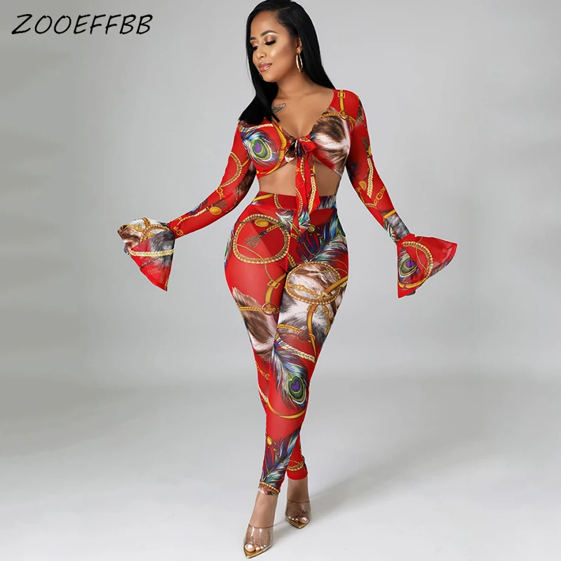 

Женский сетчатый комплект ZOOEFFBB из двух предметов, укороченный Топ с длинным рукавом и облегающие брюки, летняя одежда для женщин, сексуальн...