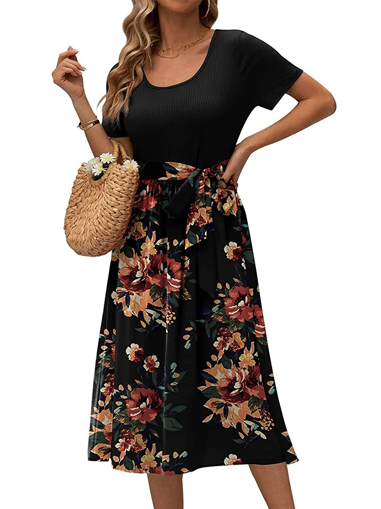 

Summer Girls A-Line Dress 2023 Boho Lady Vacation Beach Dresses Short Sleeve Kawaii Patchwork Women Floral Printed Sundress H206