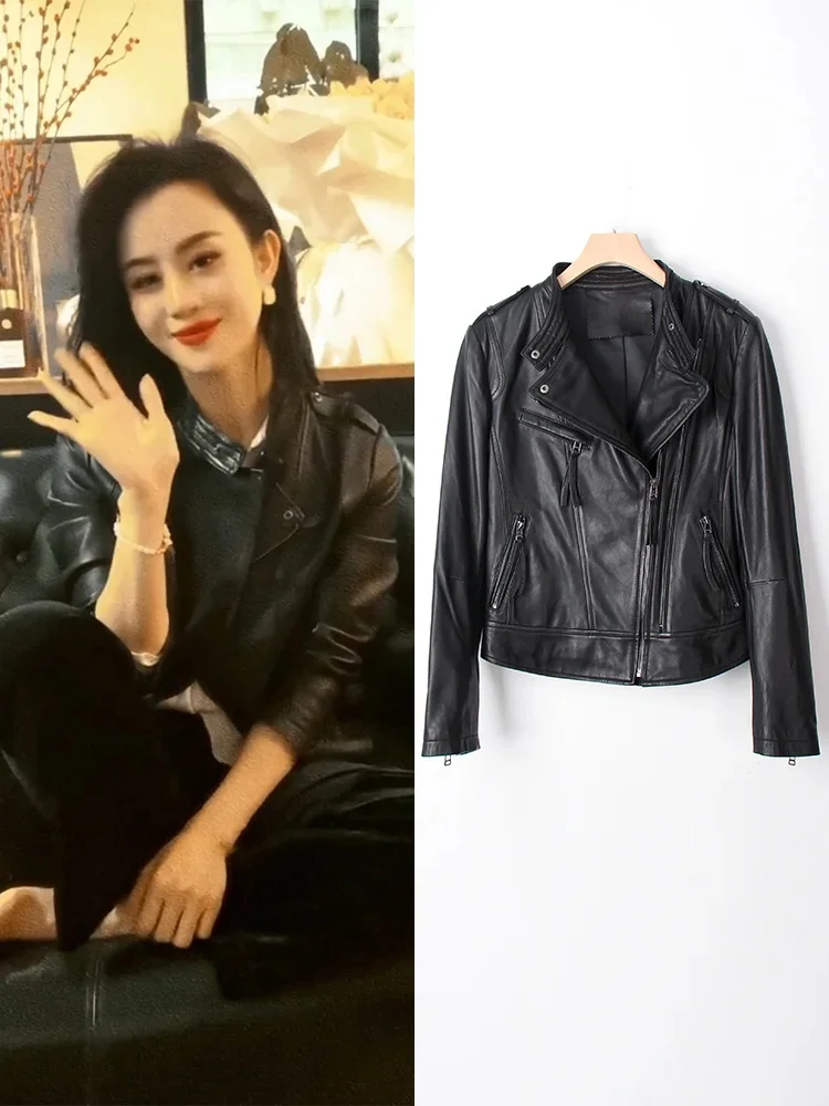 

2023 Spring New Korean Edition Standing Collar Genuine Leather Coat Women's Jacket Short Fit Slim Sheepskin Jacket