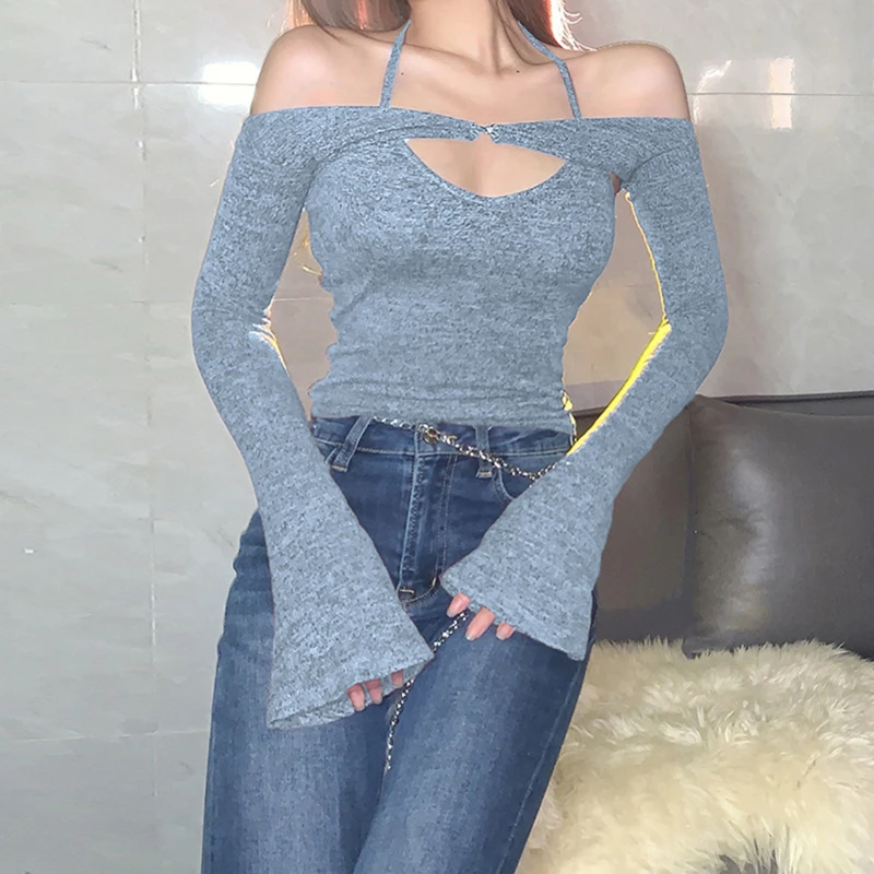 

Women Sexy Top Ladies Hollow Out Patchwork Flare Long Sleeve T-Shirts V-Neck Halter Off Shoulder Tops Girls Tanks Crop Top