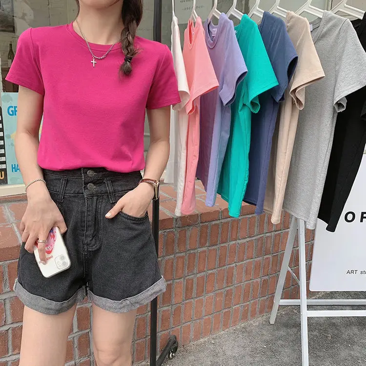 

T-shirt Woman Short Sleeve Tees Plain Cheap Causal 90s Summer Women's Top Harajuku Fitted Kpop Clothing Cute In Cotton Pulovers