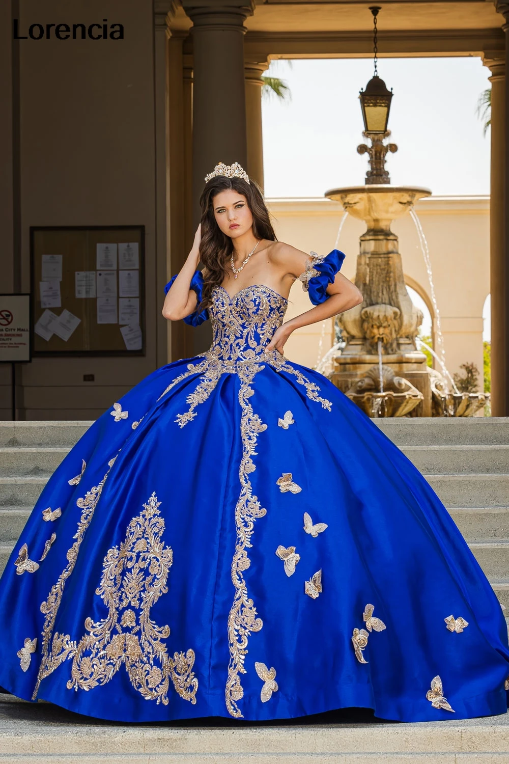 Lorencia мексиканское Королевское синее платье Quinceanera бальное Золотая бабочка