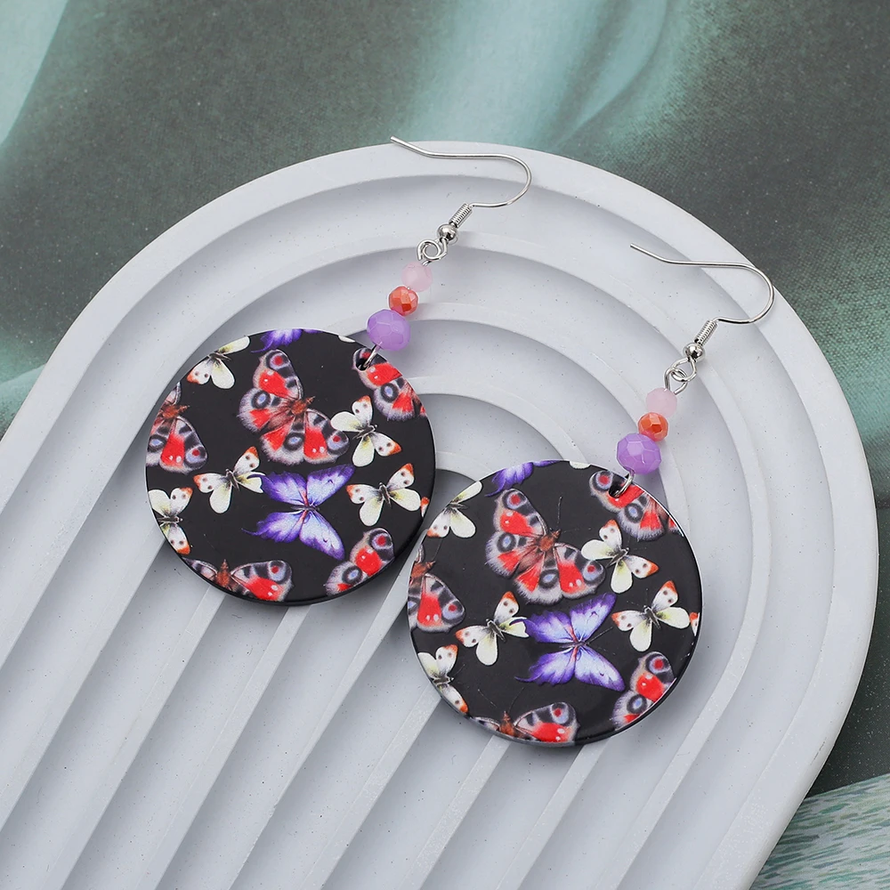Новые модные круглые черные акриловые висячие серьги с принтом бабочки Relievo для