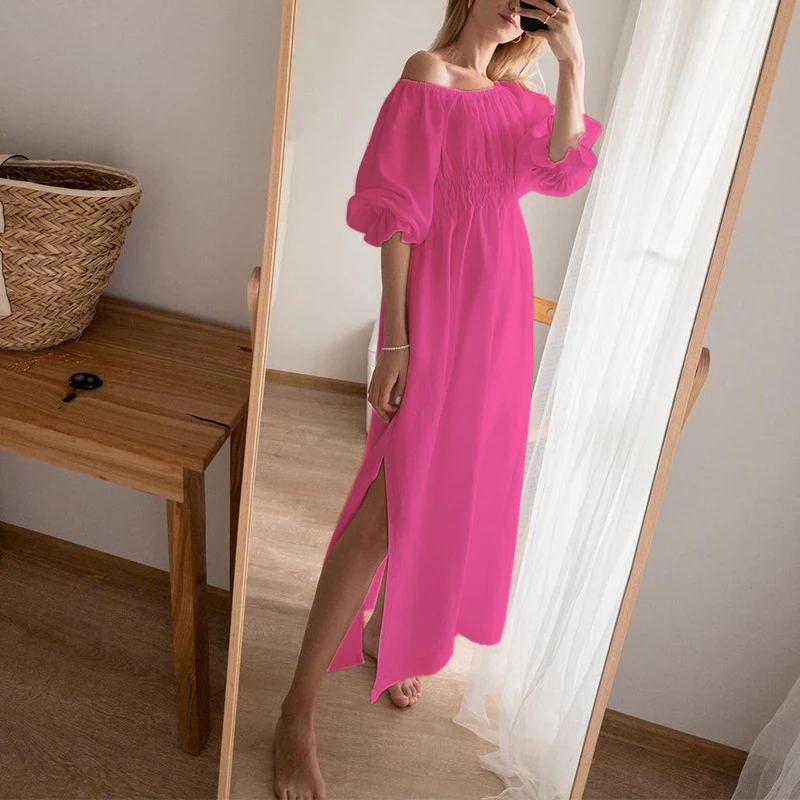 

Ladies Fashion Solid Puff Sleeve Drape Dress Sexy Off-the-shoulder Waist Long Dress Bohemian Elegant Casual Loose Woman Dress