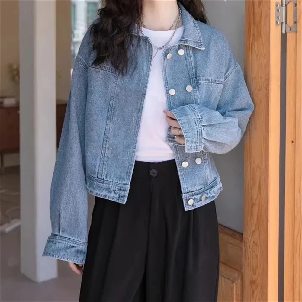 

Винтажные джинсовые куртки, Женская мешковатая двубортная одежда для подростков, американская уличная одежда, студенческие пальто Y2k, модная одежда с эффектом потертости