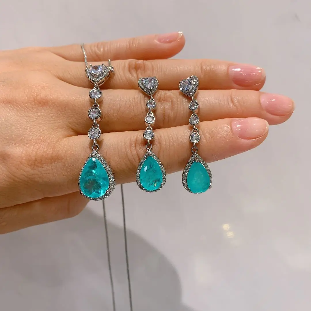 

Heart Shaped Water Droplets Paraiba Stone Pendant Necklace Tassel Earrings for Women 2023 Free Shipping Luxury Fashion Jewelry