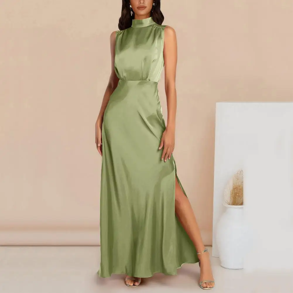 

Платье-макси с высокой талией, Элегантное Шелковое Вечернее Бальное Платье с завышенной талией, разрезом сбоку, ложным воротником, для выпускного вечера