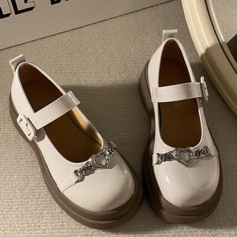 

Women Retro Shoes Japanese Style Spring Autumn Love Chain Round Head Thick Bottom Leather Shoe Shallow Mouth Footwear