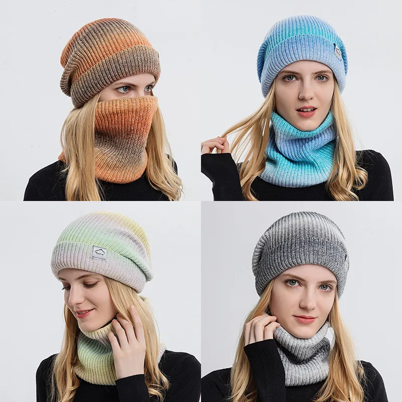 

Winter Gradient Color Knitted Scarf Hat Set Thick Warm Skullies Beanies Hats for Women Outdoor Snow Riding Ski Bonnet Caps Girl