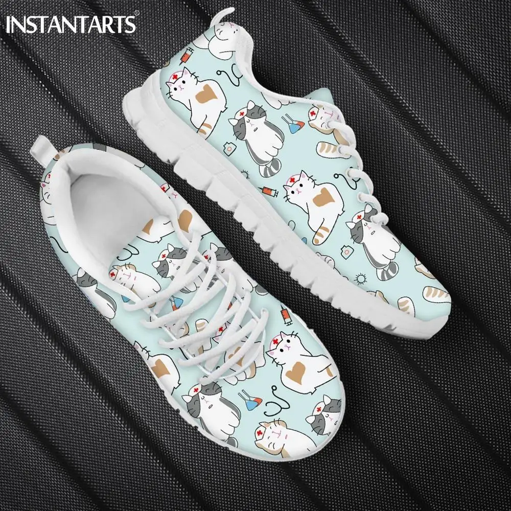 

INSTANTARTS Cute Cartoon Nurse Cat/Kitten Print Flats Sneakers Women Nursing Gifts for Girl Casual Spring Air Mesh Ladies Shoes