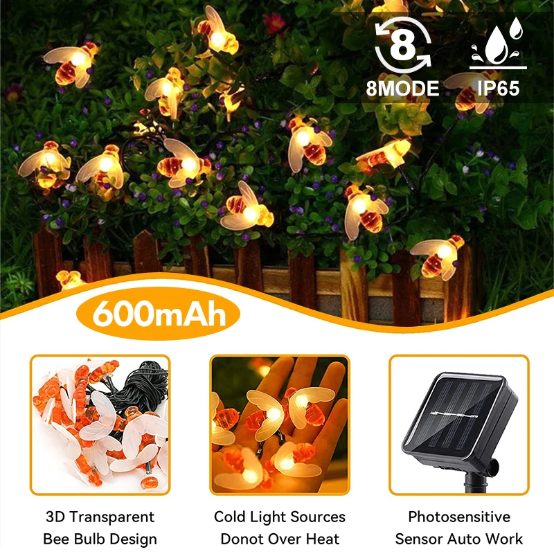 

Waterproof LED Solar Fairy String Light 8 Modes Bees Dragonfly Garlands Lights For Outdoor Home Garden Patio Wedding Party Decor