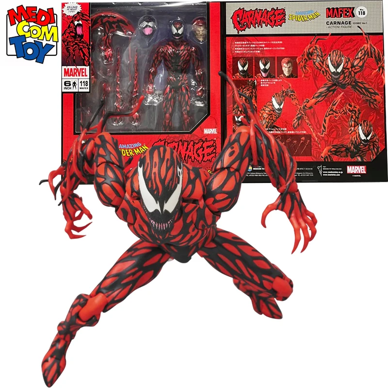 

In Stock Medicom Original MAFEX 118 MARVEL Spider-Man Carnage Comic Color Anime Action Figures Collection Model Toy For Boy Gift