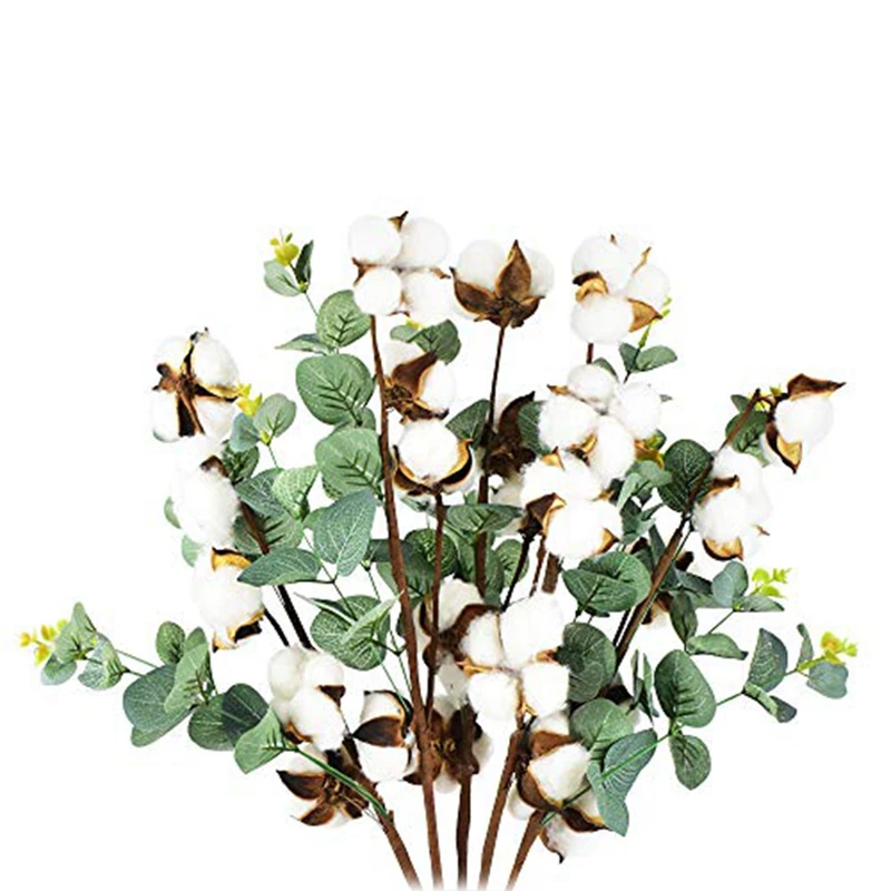

5 шт., декоративные стебли из хлопка, 20 шариков, стебли из хлопка с листьями эвкалипта, 21 дюйм, для дома, комнаты, свадьбы
