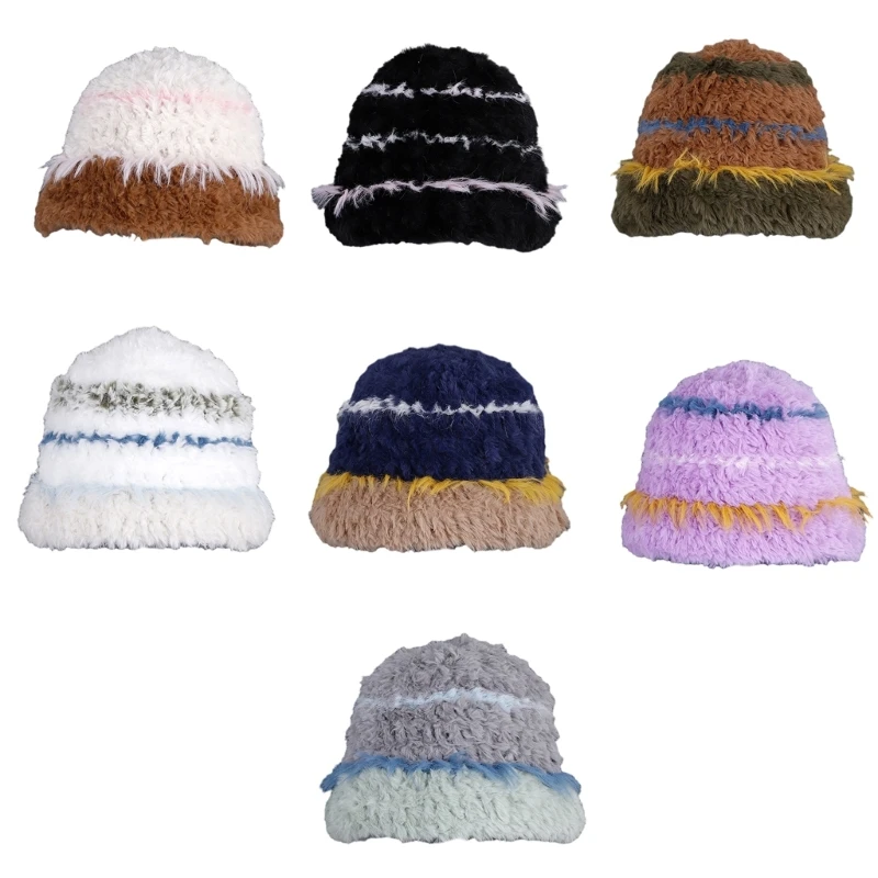 

L93F Adult Knitted Plush Color Matching Hat Winter Student Outdoor Cycling Skiing Climbing Hat Cold Weather Keep Warm Hat