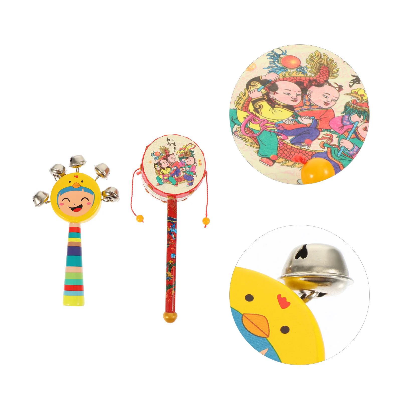 

2pcs Rattle-drum Toys Wooden Cartoon Musical Educational for Children Kids