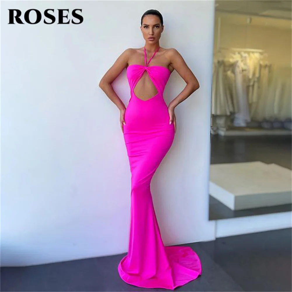 

Halter Fuchsia Evening Dresses Mermaid Sexy Prom Dresses Sleeveless Court Train Night Dresses Custom Size vestidos de fiesta