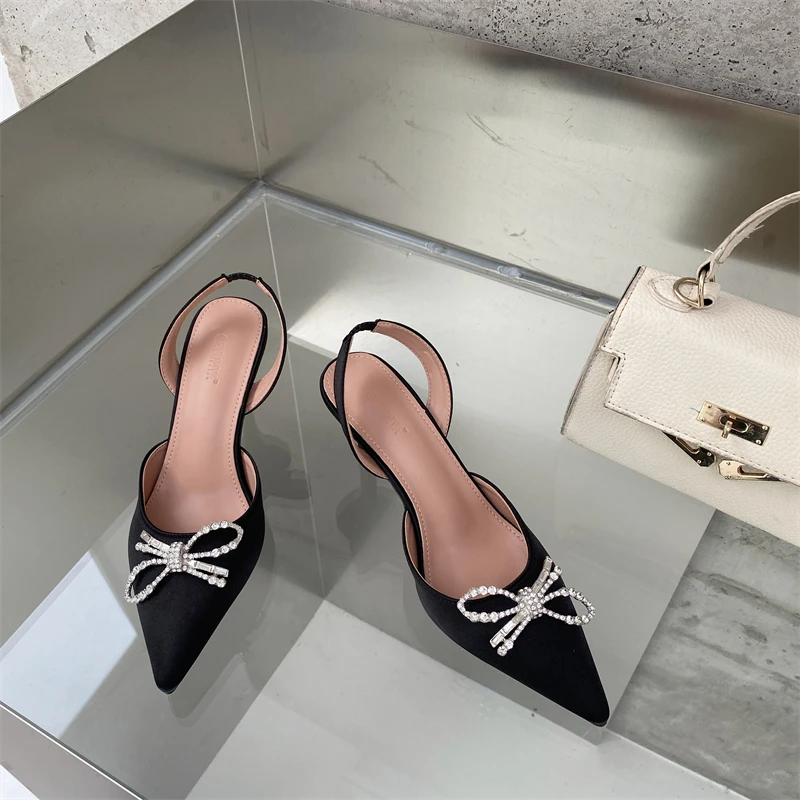 

Sexy Cup Heels Shoes Women Butterfly-knot Decor Satin Women Pumps Designer Rhinestone Pointed Toe Wedding Shoes For Women 2022