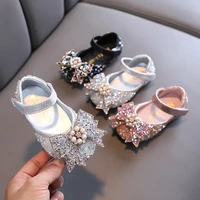 girls princess leather shoes for 2022 spring and autumn korean rhinestone bow party sparkly performance square mouth shoes