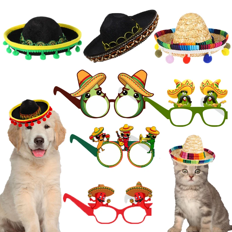 

Cinco De Mayo Fiesta Fabric and Straw Sombrero Headbands Party Costume With Mexican Themed Paper Glasses for Mexican Theme Decor