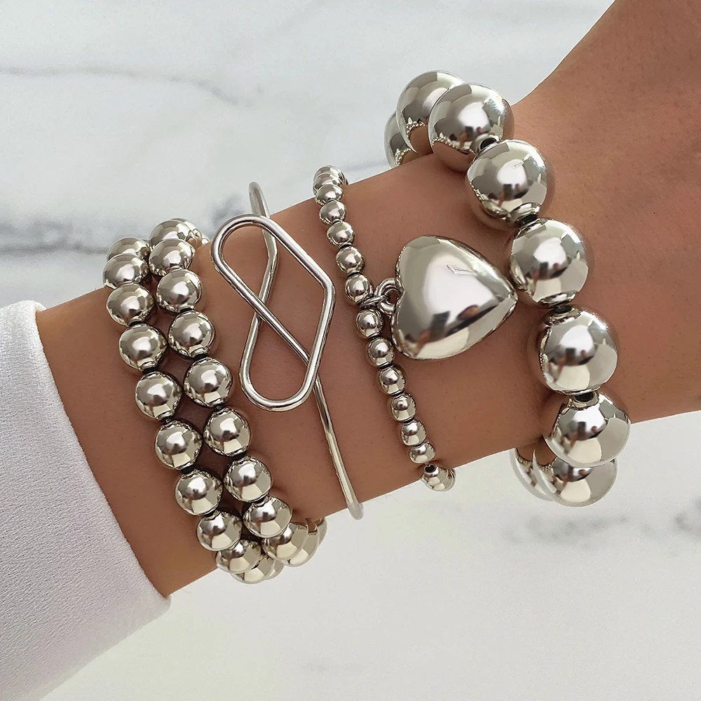 

Увеличенный серебряный браслет IFMIA с цепочкой из бисера для женщин и мужчин, браслеты с подвесками в виде большого сердца в стиле панк, модные ювелирные украшения в подарок