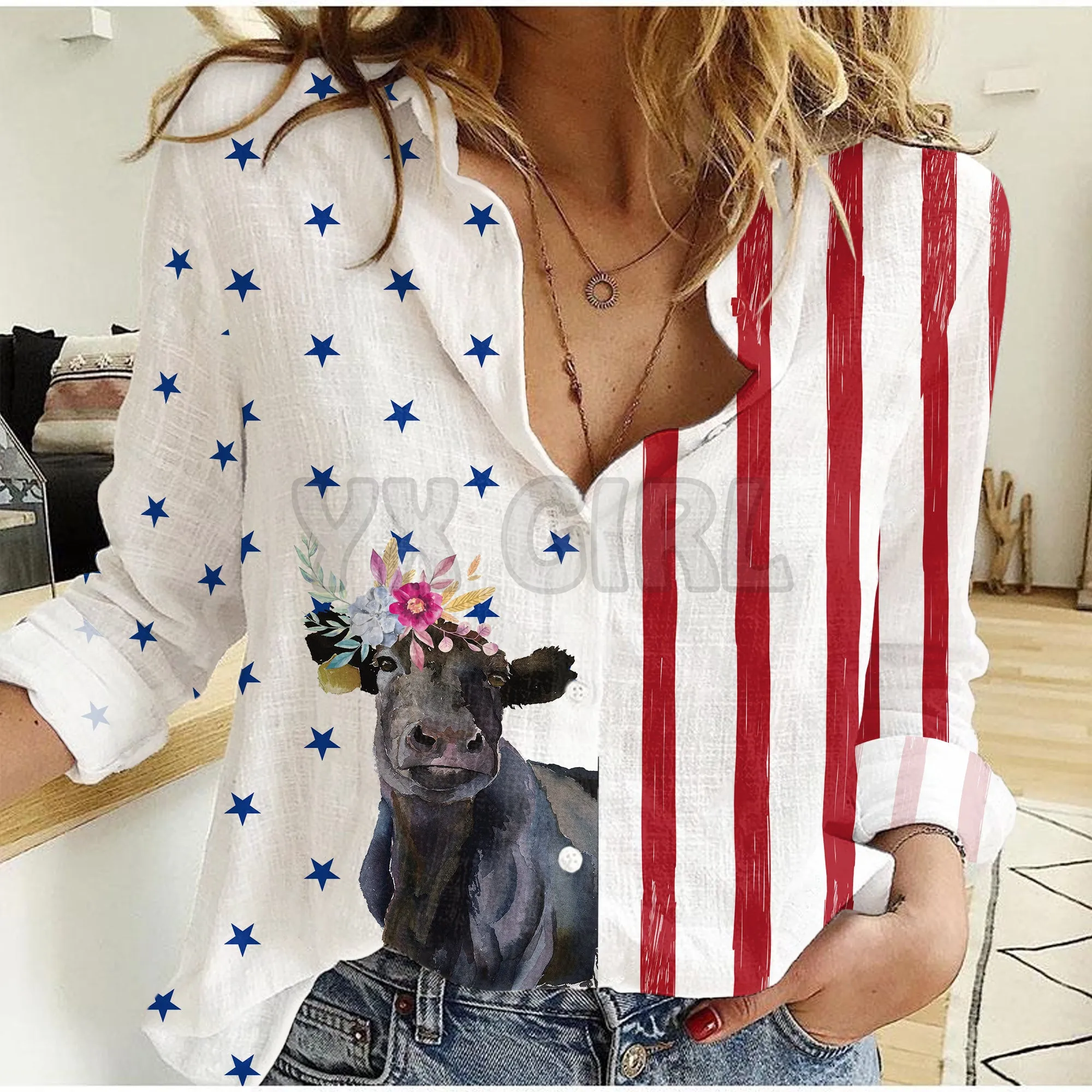 YX GIRL Black angus cattle USA Flag Women Linen Shirt 3D Printed Button-down Shirt Casual Unique Streewear