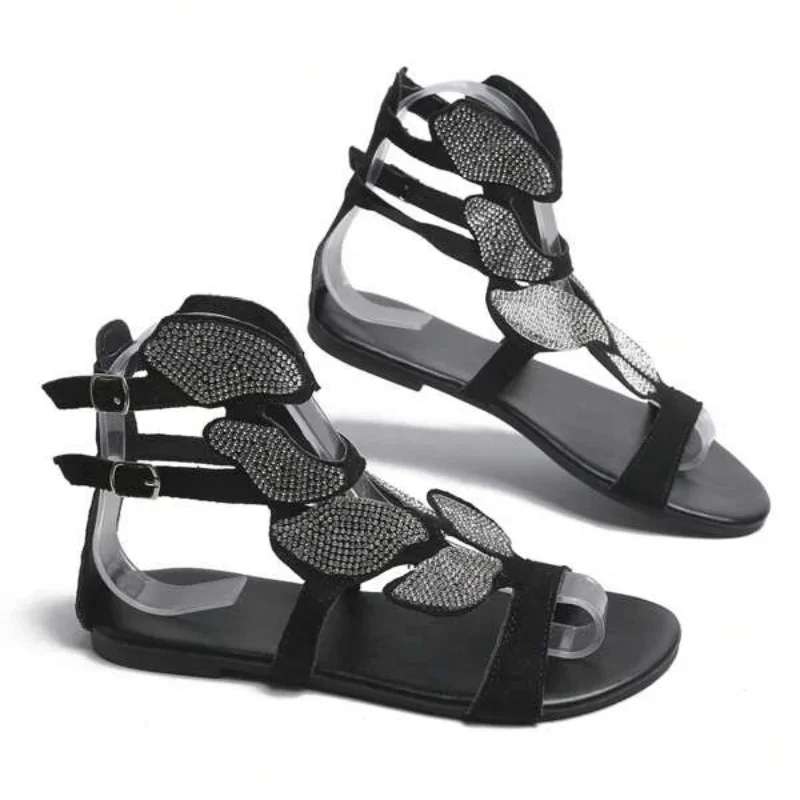 Women Rhinestone Butterfly Decor Sandals Fashion PU Faux Suede Gladiator Zip Back Flat Slides Summer Outdoor Lovely Female Shoes