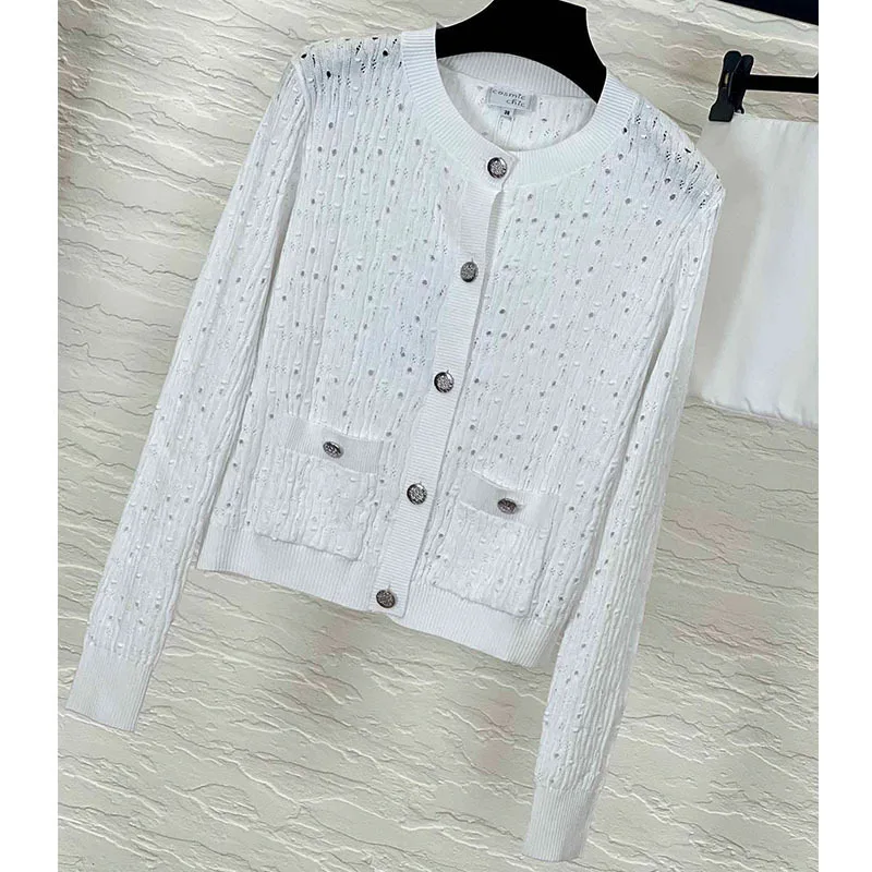 

22 Spring Luxury Brand 100 Cotton Sweater Women O Neck Single Breasted Long Sleeve Cardigan High Quality Hollow Out Slim Sweater