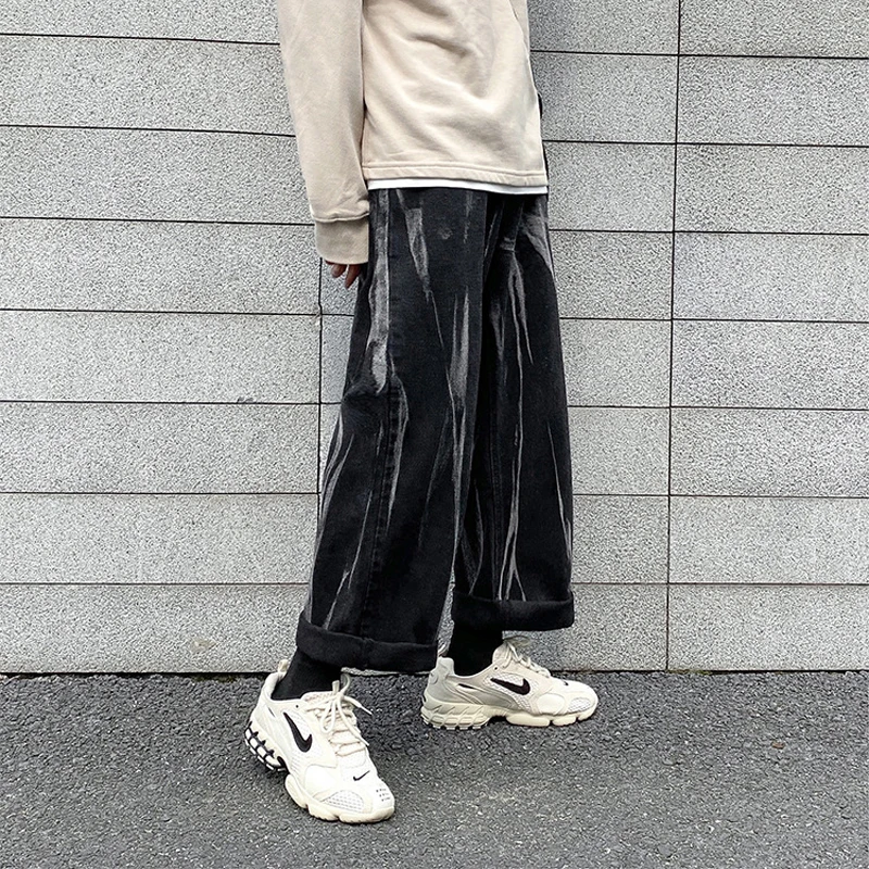 YIHANKE Men's Fashion Wide Leg Pants Baggy Homme Men Denim Trousers Classic Cargo Pocket Jeans Blue Men Casual Pants S-3XL