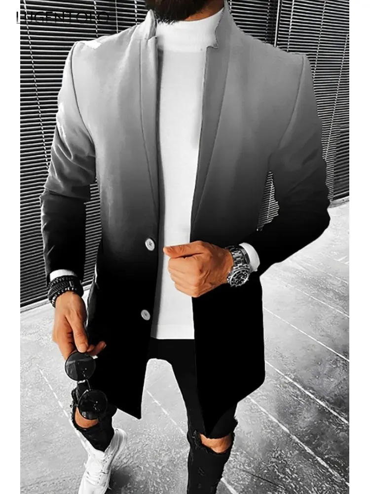 

Lugentolo Men Stand Collar Jackets Classic Casual Autumn Slim Vintage Youth Lagre Size Print Fashion Men's Medium Length Trench