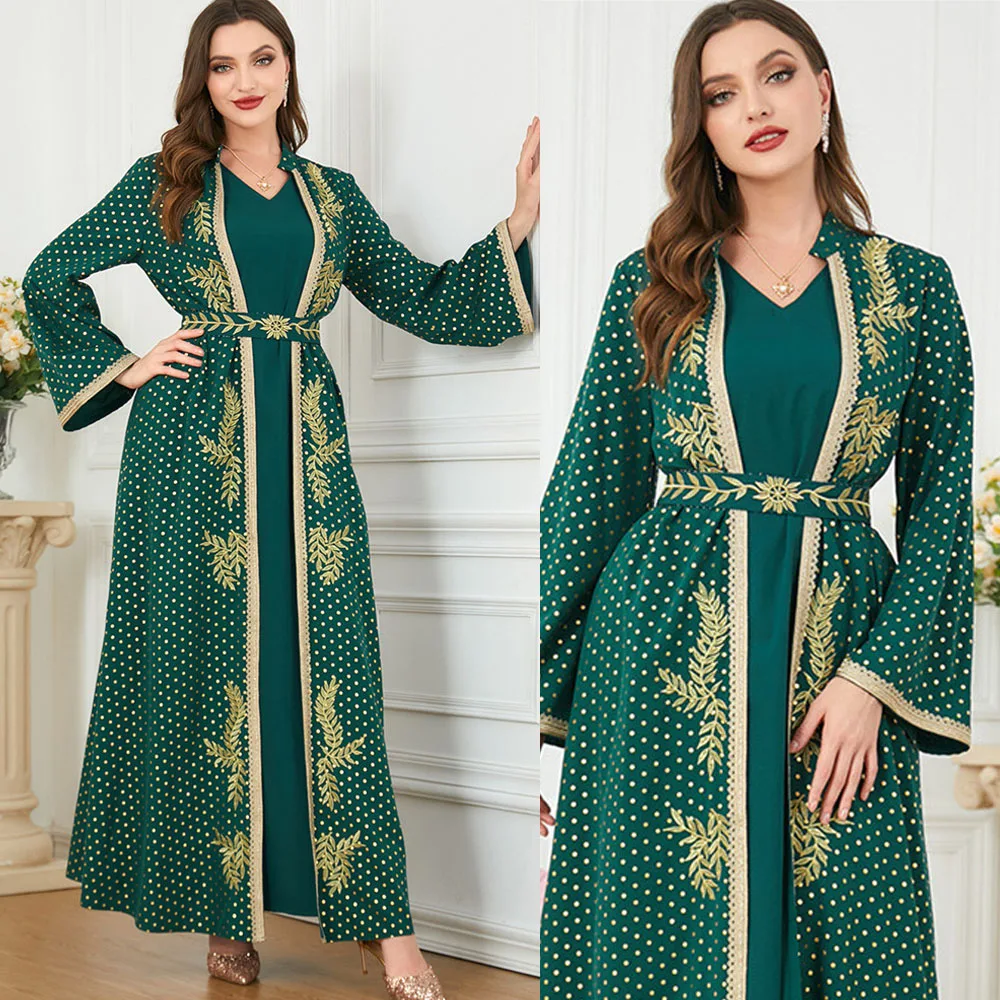 

Elegant Casual Women's Dresses Abayas For Women Muslim 2 Pieces Set Floral Embroidery Guipure Lace Insert Belted Kaftan Ramadan