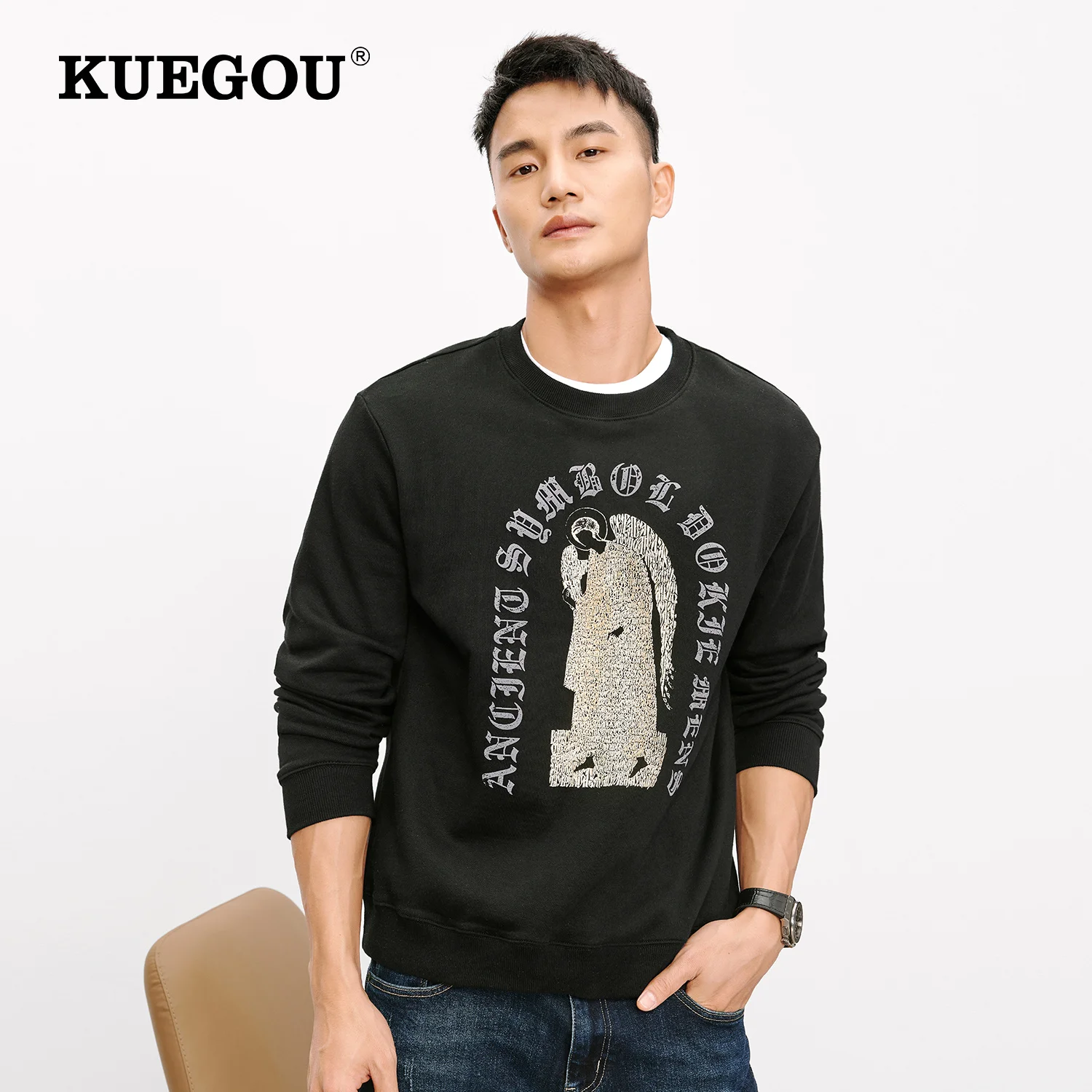 

KUEGOU 2022 Spring 100% Cotton Print Letter Black Sweatshirt Men Crewneck Slim Fashion Male Streetwear Plus Size Clothing 26126