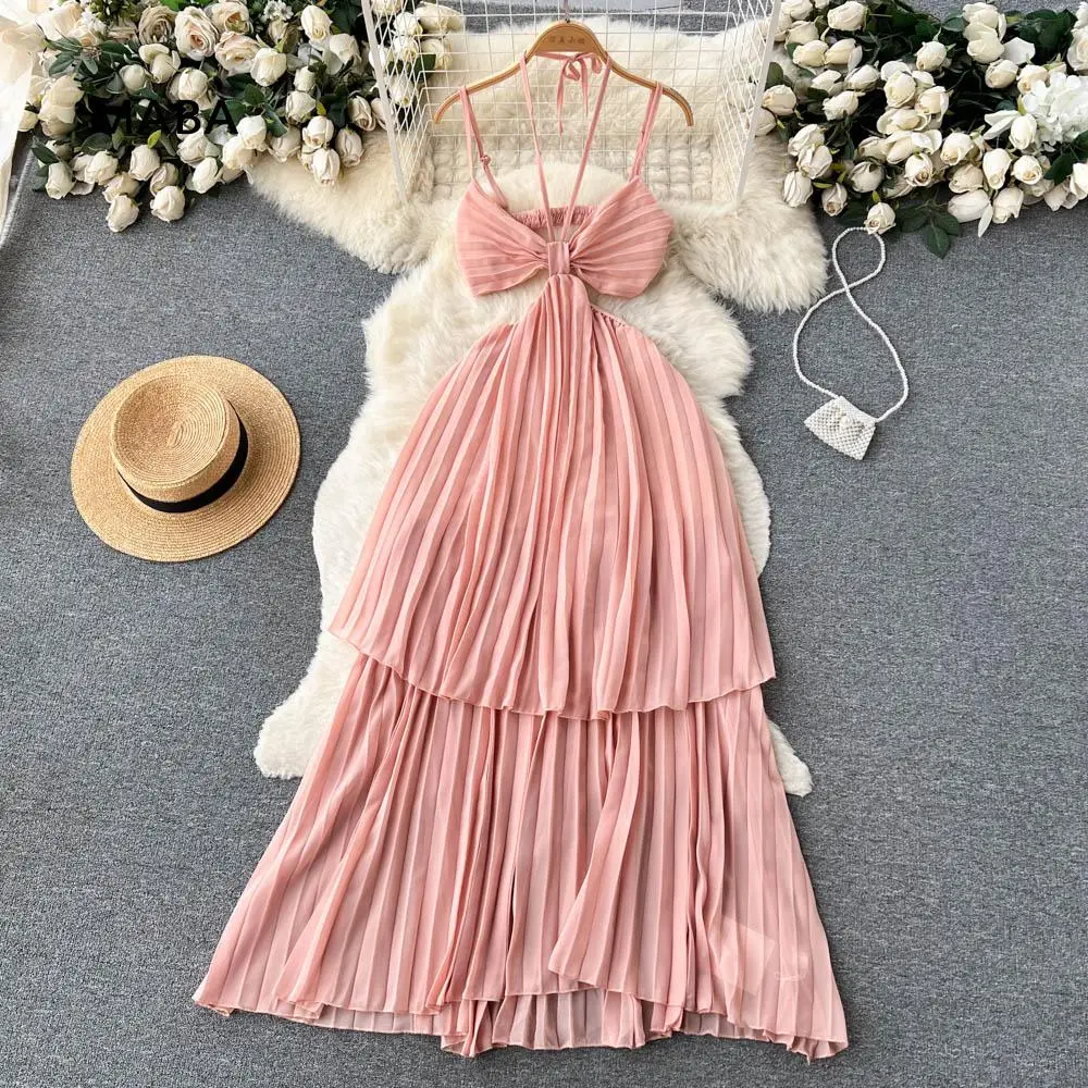 

Женское плиссированное платье на бретельках, розовое длинное пляжное шифоновое платье с открытой спиной, лето 2023