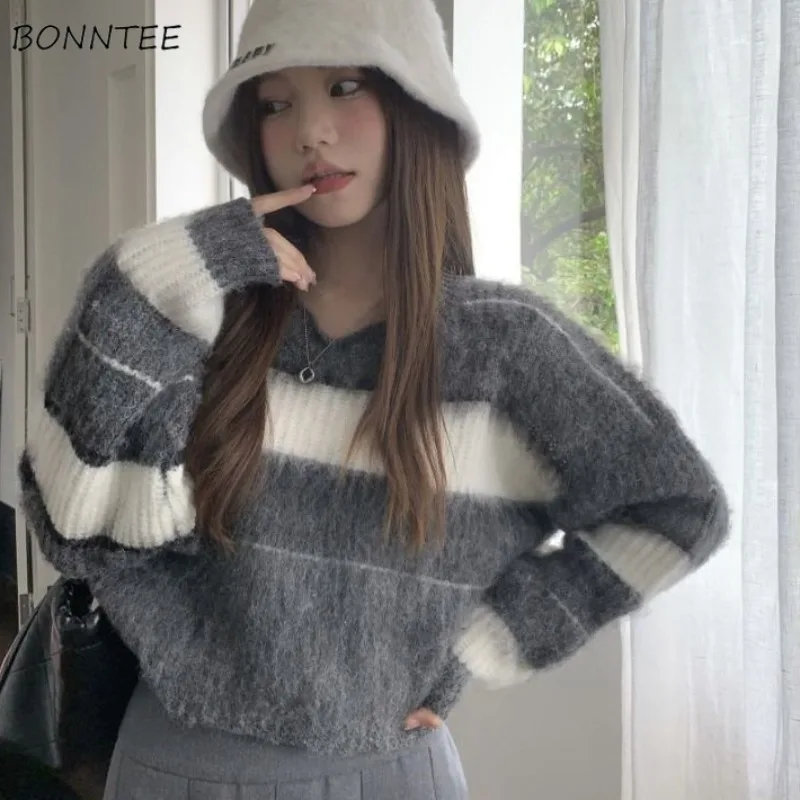 

Женский винтажный свитер в полоску, свободный трикотажный пуловер с длинным рукавом и круглым вырезом в стиле Харадзюку, осень 2023