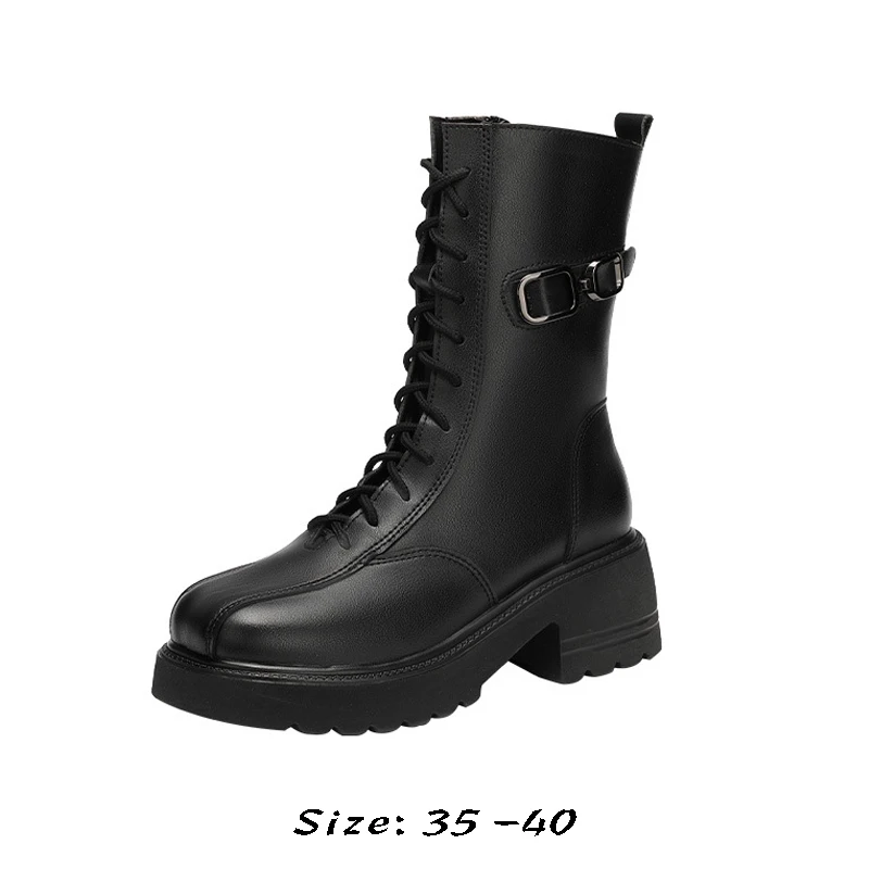 

High quality mid calf leather cowhide boots for women 5.5cm how heel platform new 2023 autumn winter 33 42 43 elegant shoe black