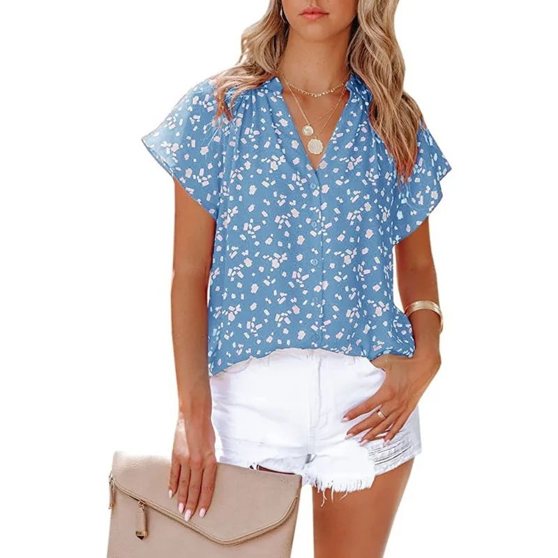 

2023 New Tops Summer Women's Shirt Fashion Casual Button Shirts Loose Short Sleeve Clothing V-Neck Chiffon Print Blouses 25053