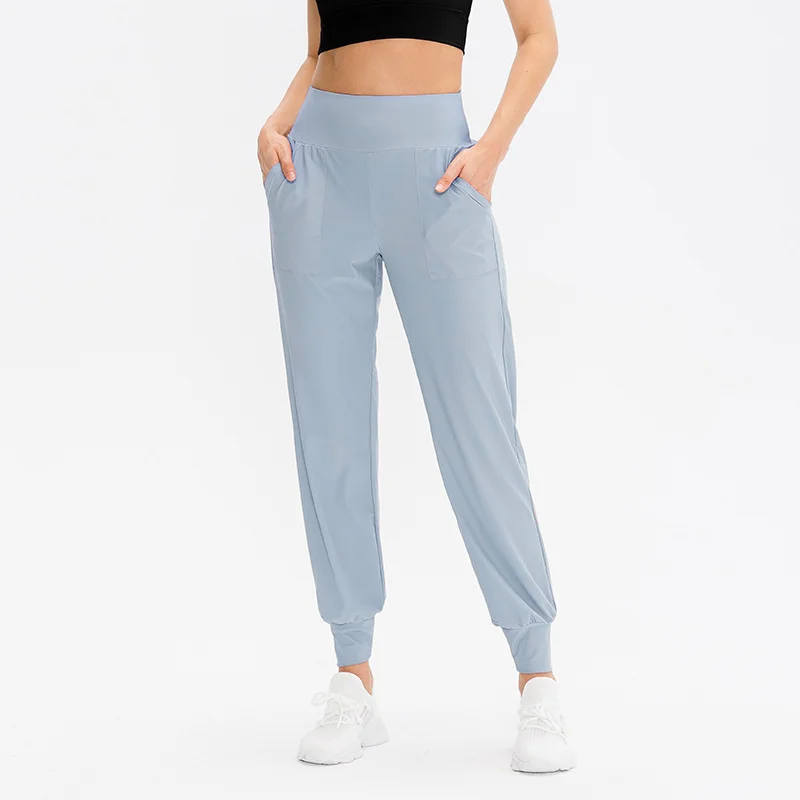 

2022 Women Breathable Ice Feeling Elastic High Waist Yoga Fitness Loose Pants Two Side Pockets Full Length Pant